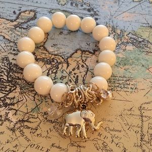 Gold Elephant White Beaded Stretchy Bracelet